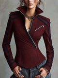 Burgundy Asymmetric Zip High Collar Jacket With Navy Contrast Stripes