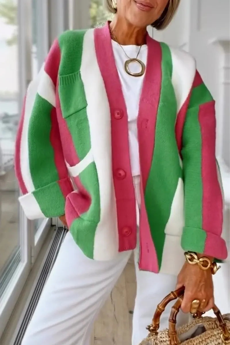 Women's Color Blocking Splicing Casual Knitted Cardigan