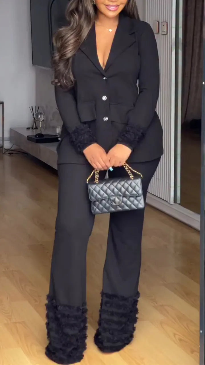 Women Collar and Buckle Splicing Jacket + Pants Temperament Commuting Set