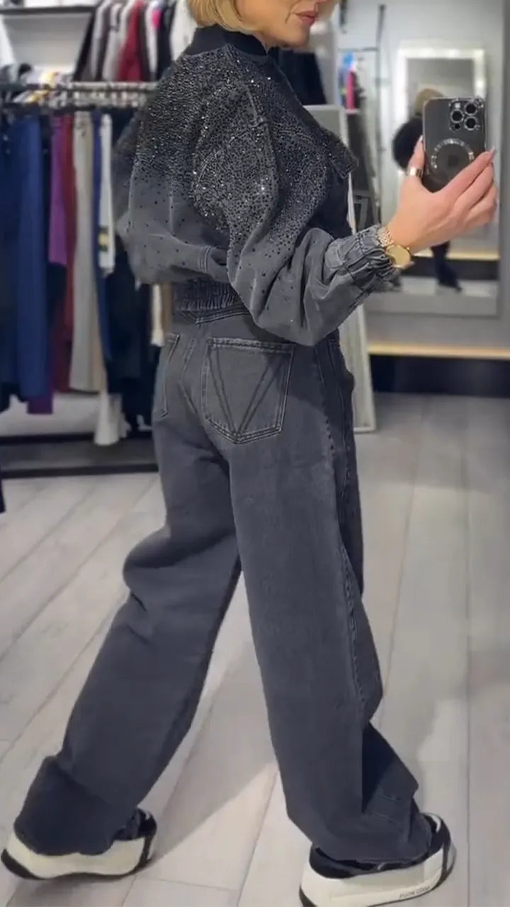 Women Round Neck Rhinestone Jacket+ Pants Casual Denim Suit