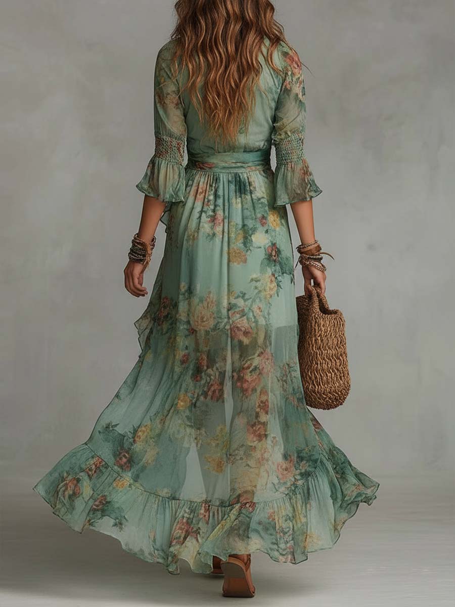 Retro Romantic Floral Wrap Long Dress