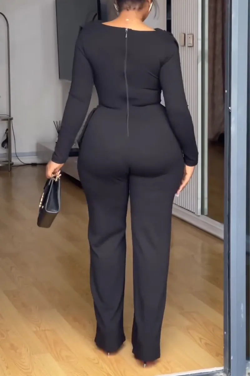 Women Round Neck Patchwork Waist Cinching Elegant Temperament Jumpsuit