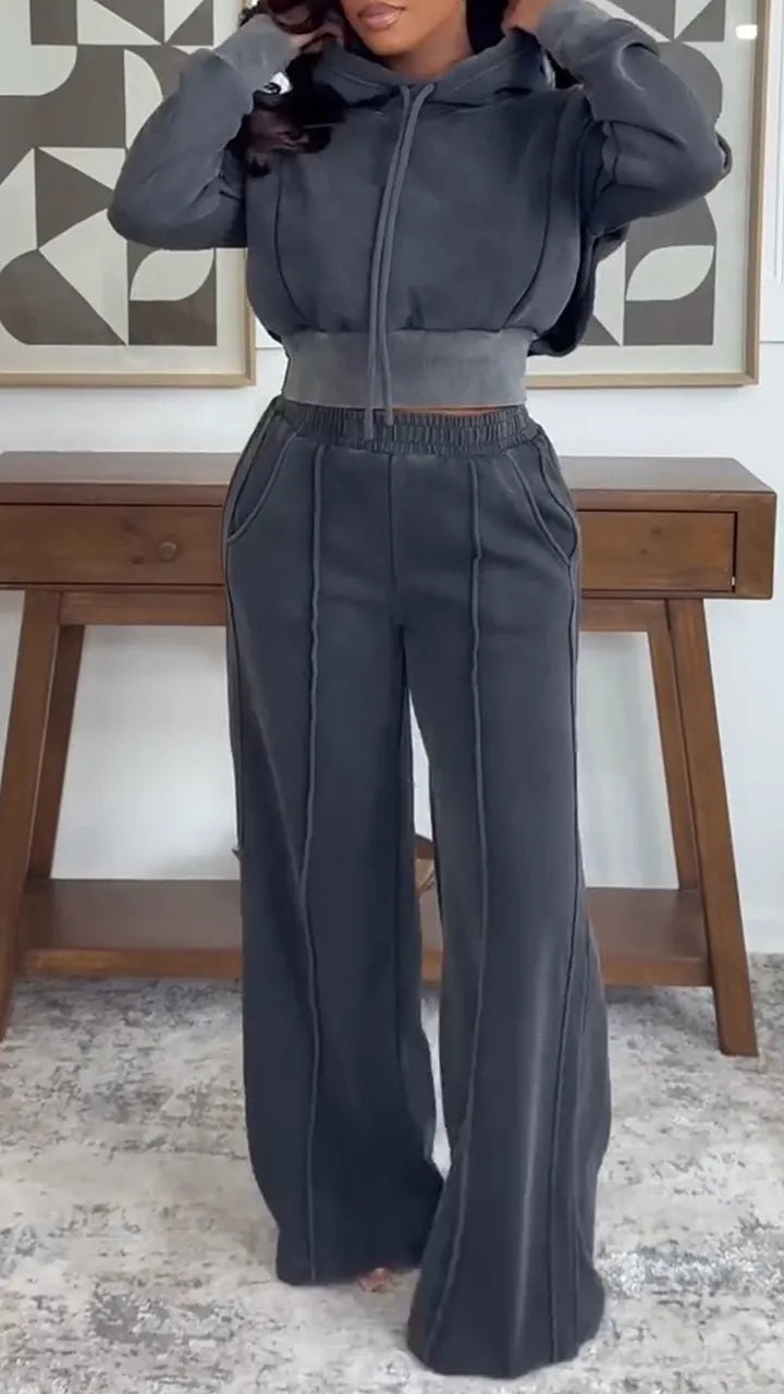Womens Round Neck Hooded Top+ Pants Casual Suit