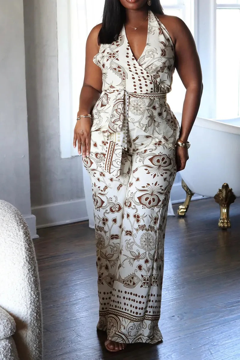 Women's  Casual Halter Neck Printed Wide Leg Jumpsuit with Waist Belt and Pockets
