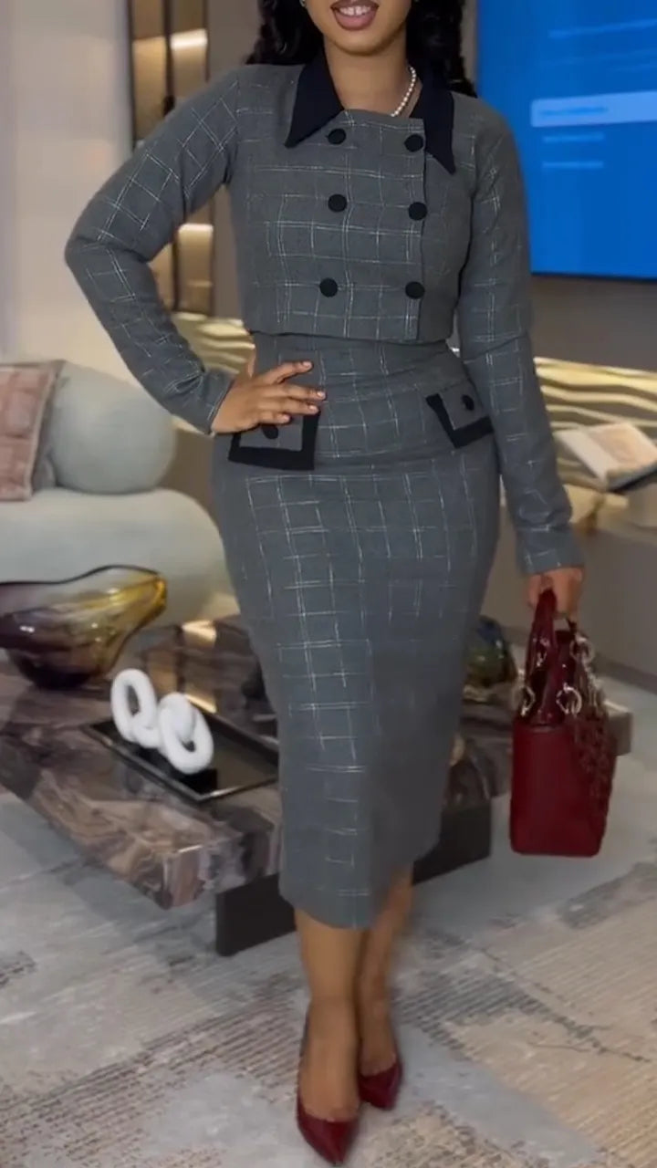 Women Inner Camisole Plaid Dress + Jacket Style Commuting Suit