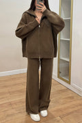 Women Collared Zipper Jacket + Pants Casual Set