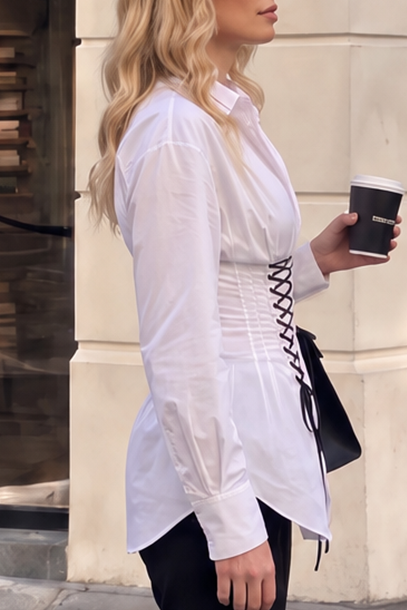 Women's Lace-Up Corset Waist Button Down Blouse Long Sleeve Slimming Peplum Work Shirt