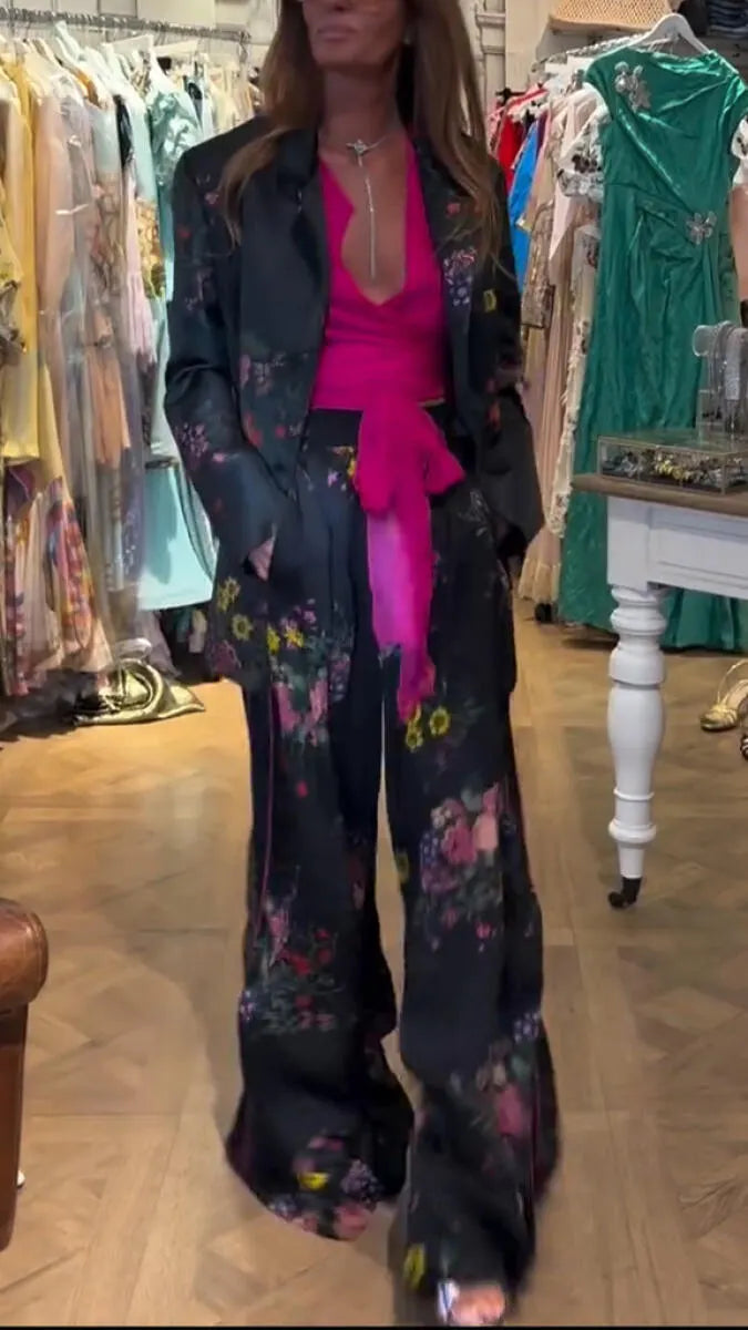 Women Collar Printed Jacket + Pants Temperament Commuting Suit