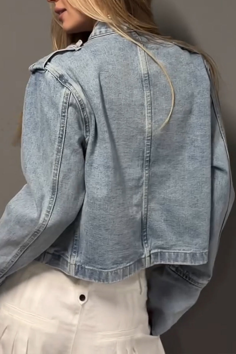 Women's Casual Knot Button Decoration Cropped Denim Jacket