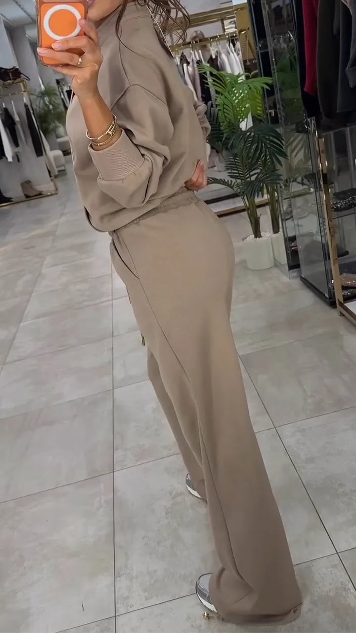 Women Round Neck Half Zipper Top+ Drawstring Pants Casual Set