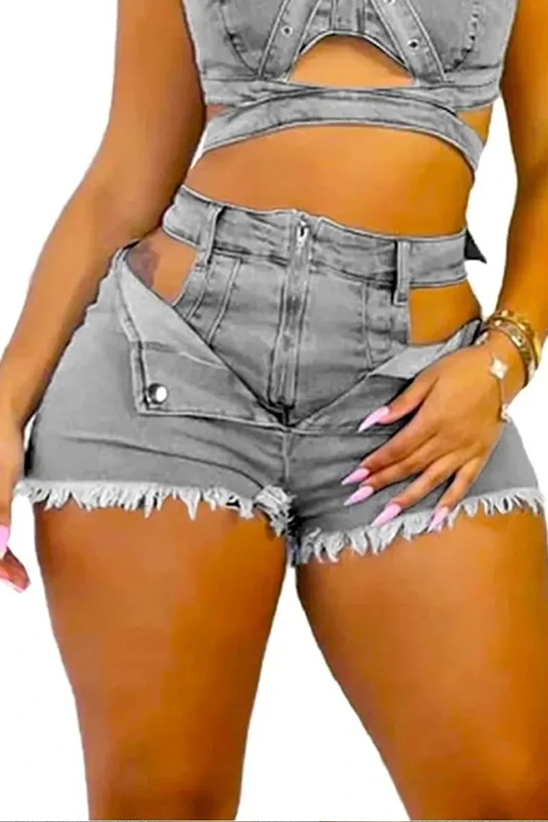 Ladies' Fashionable Denim Sleeve Short Top And Shorts