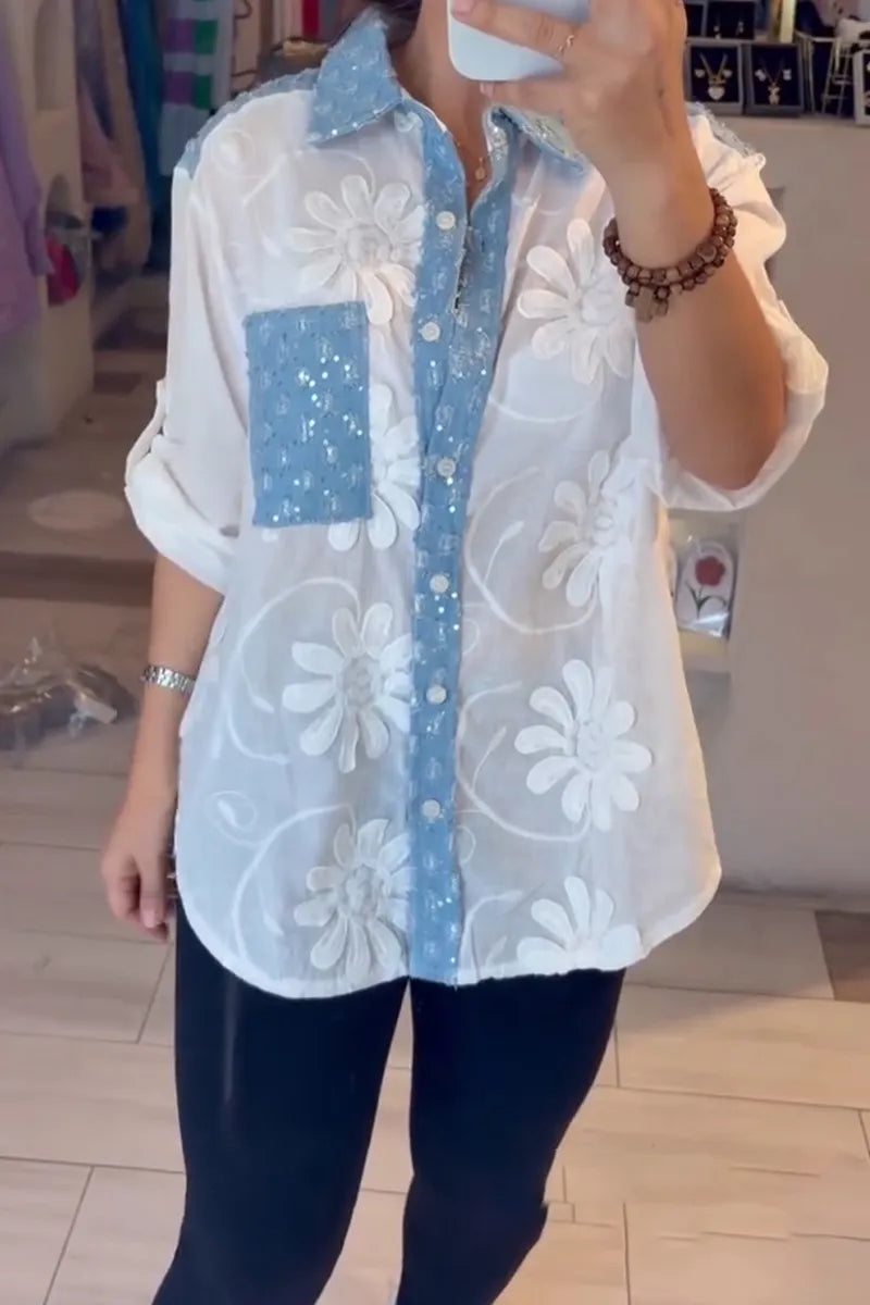Women's Collar Patchwork Denim Sequin Casual Shirt