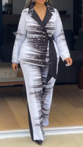 Women Collar Dyed Striped Jacket + Pants Temperament Commuting Suit