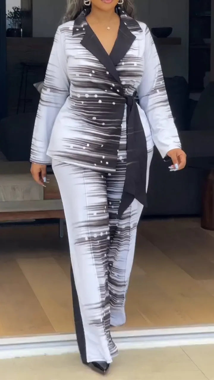 Women Collar Dyed Striped Jacket + Pants Temperament Commuting Suit