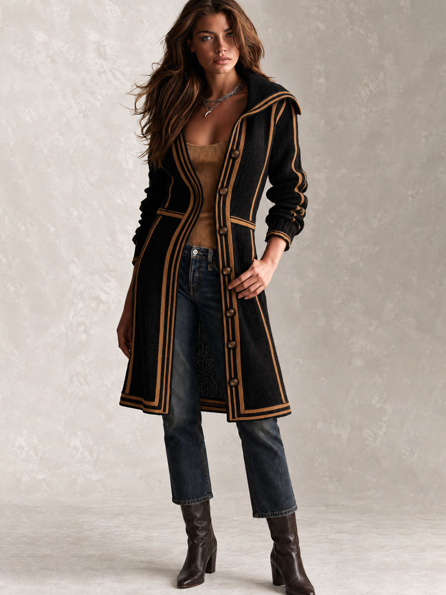 Retro Black Knit Long Tailored Cardigan Coat With Contrast Trim