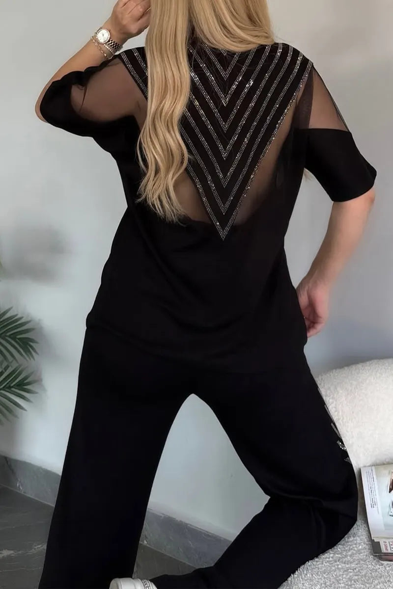 Women Round Neck Rhinestone Splicing Perspective Top+ Pants Casual Suit