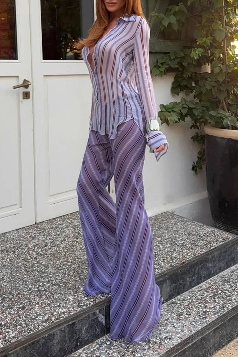 Women Collar Vertical Striped Shirt+ Pants Casual Suit