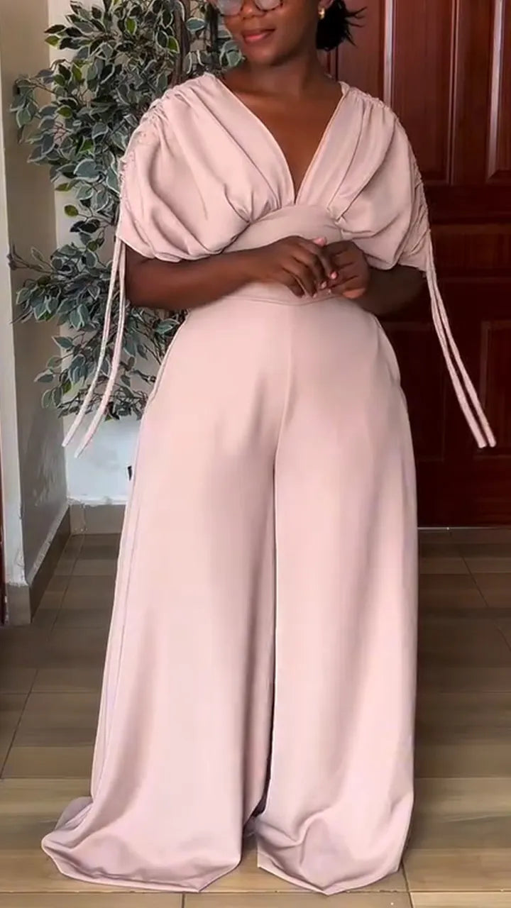Women V-neck Spliced solid Color Temperament Casual Jumpsuit
