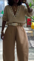 Womens Deep V-neck Knitted Top and Pants Casual Suit