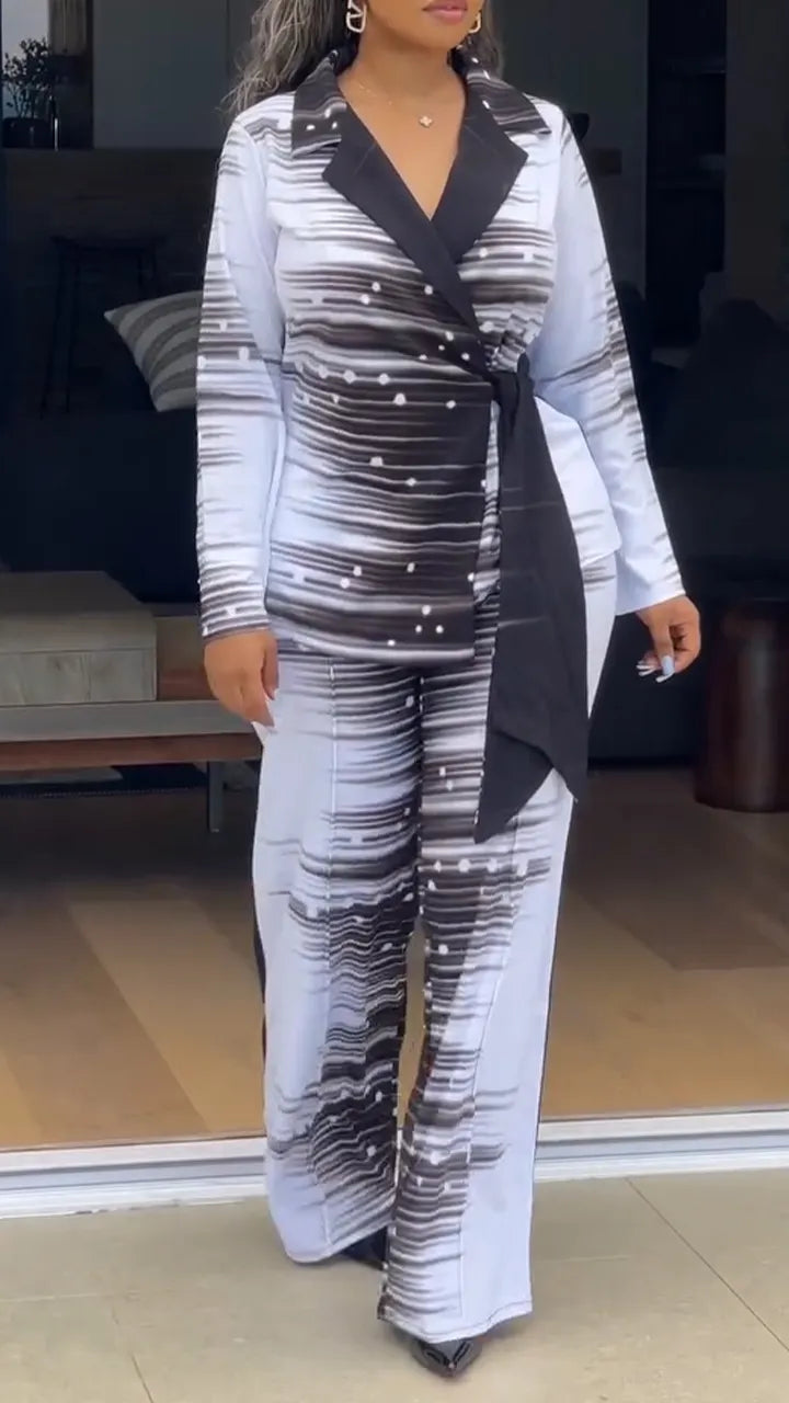 Women Collar Dyed Striped Jacket + Pants Temperament Commuting Suit
