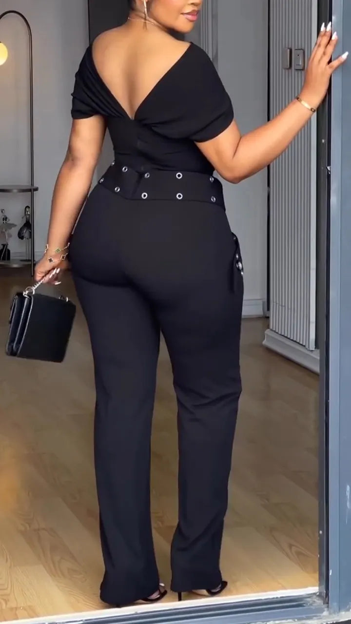 Womens Spliced Hollow Top+ Pants Casual Set with Temperament
