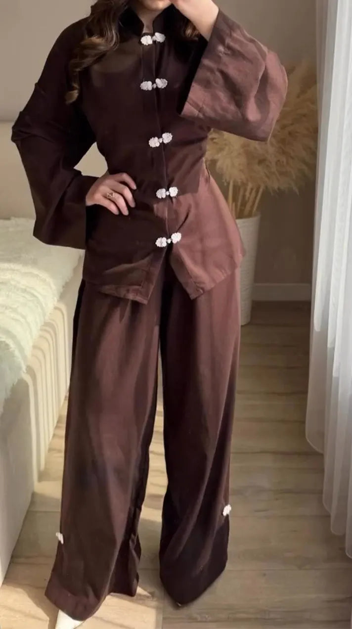 Women Round Neck Breasted Top and Pants New Chinese Casual Suit