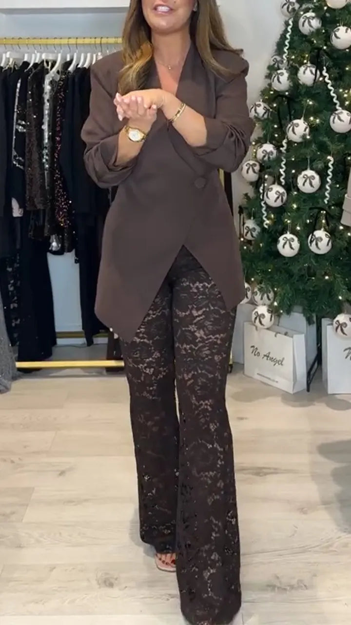 Women Irregular Jacket+ Printed Hollow Lace Pants Temperament Commuting Set