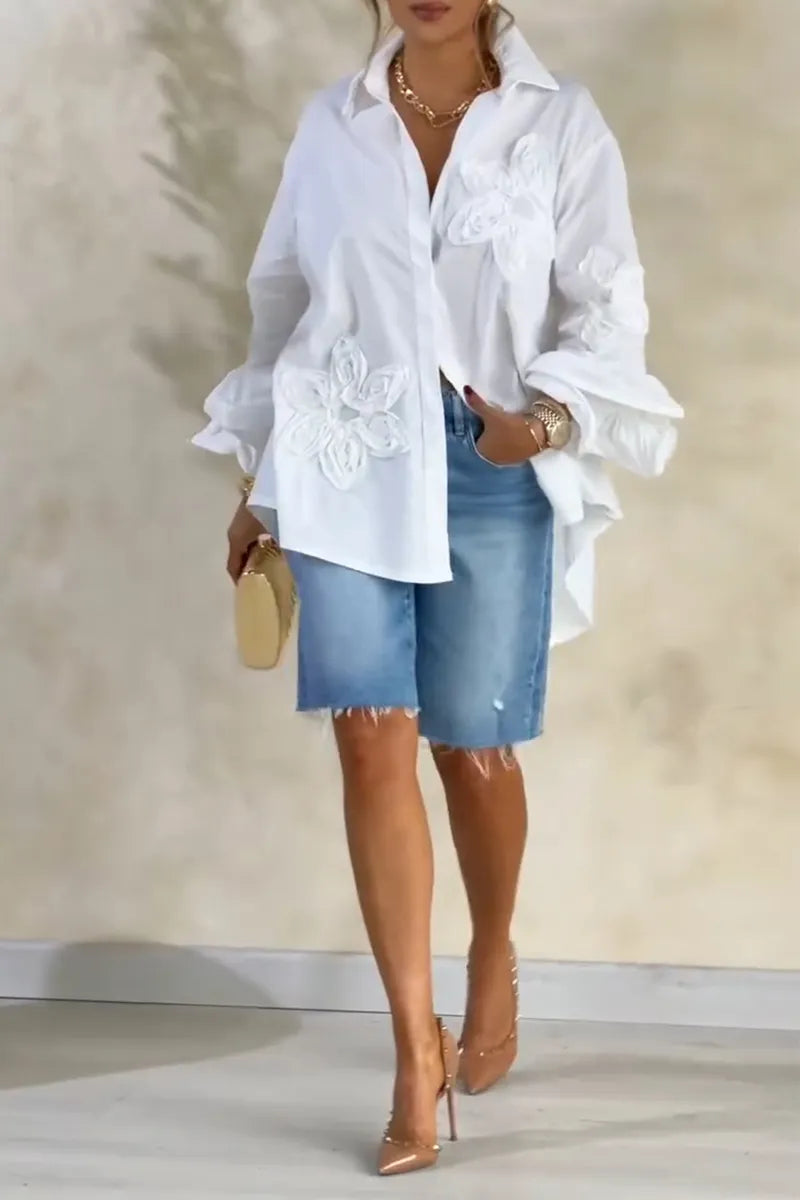 Women's Casual Loose Floral Decoration High Low Shirt