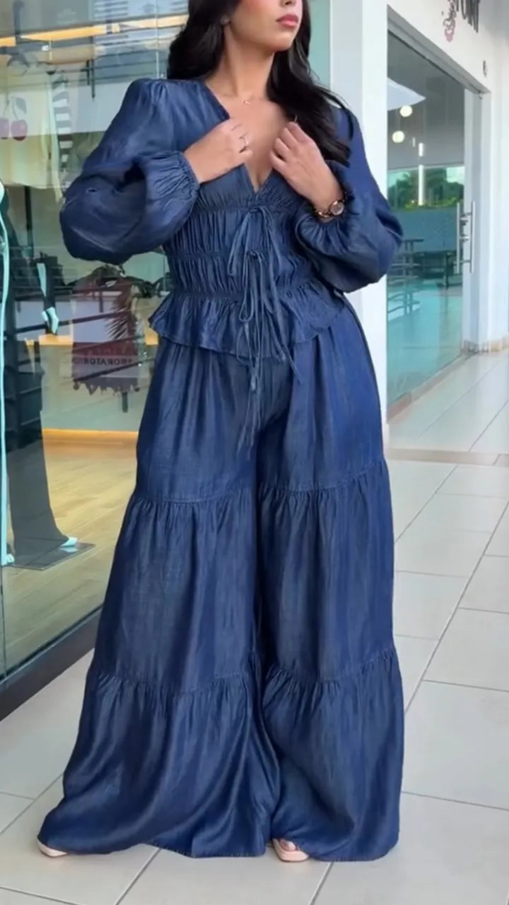 Women V-neck Fitted Top + Wide-leg Pants Solid Color Casual Set
