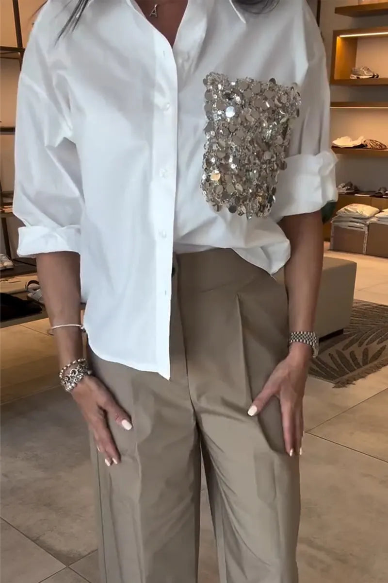 Women Collar Patchwork Sequined Pocket Shirt or Wide Leg Pants