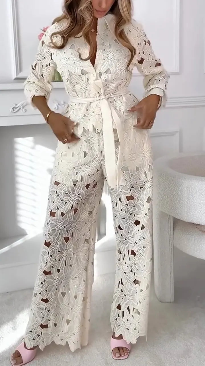Women Collar Lace Hollow Out Casual Suit