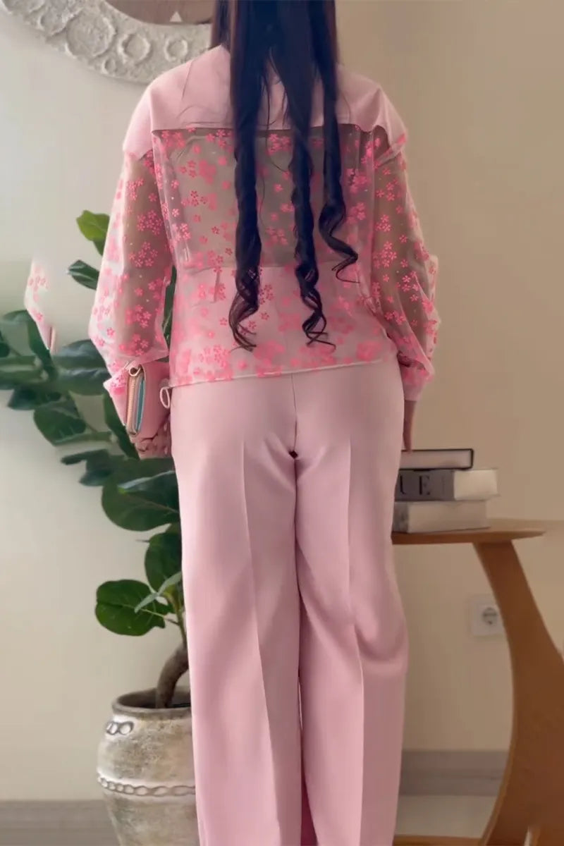 Women Round Neck See Through Printed Jacket+ Pants Casual Set