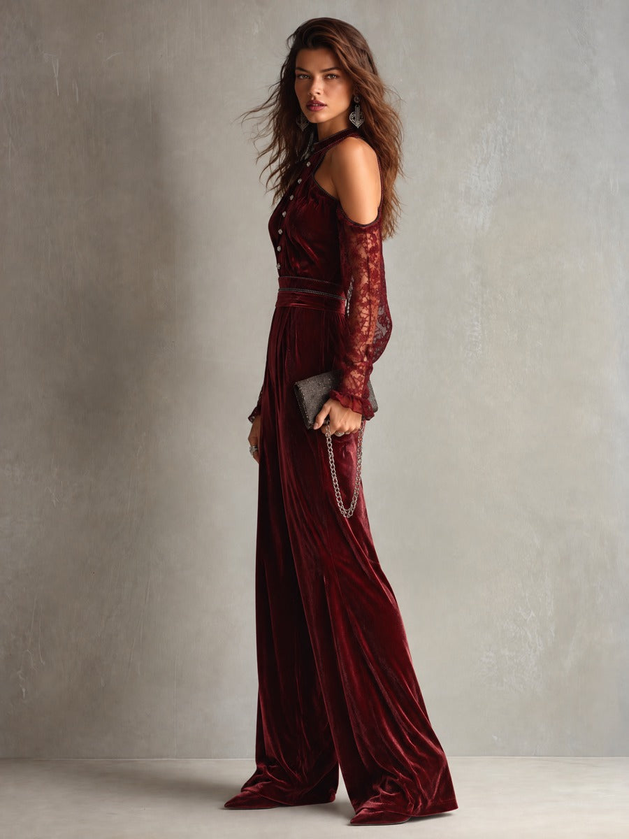 Burgundy Velvet Cold-Shoulder Wide-Leg Jumpsuit with Lace Sleeves and Rhinestone Buttons