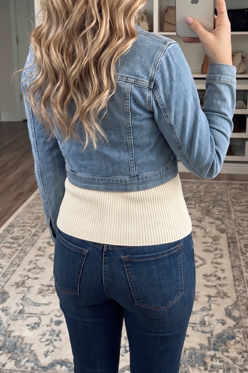Women's Slim Fit Denim Jacket Knit Patchwork Ribbed Waistband Button Down Long Sleeve Washed Jean Jacket Shacket