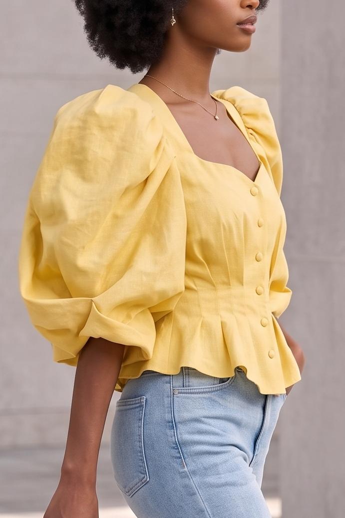 Women's Exaggerated Puff Sleeve Peplum Top Sweetheart Neck Button Down Corset Blouse Chic Pleated Waist Babydoll Shirts