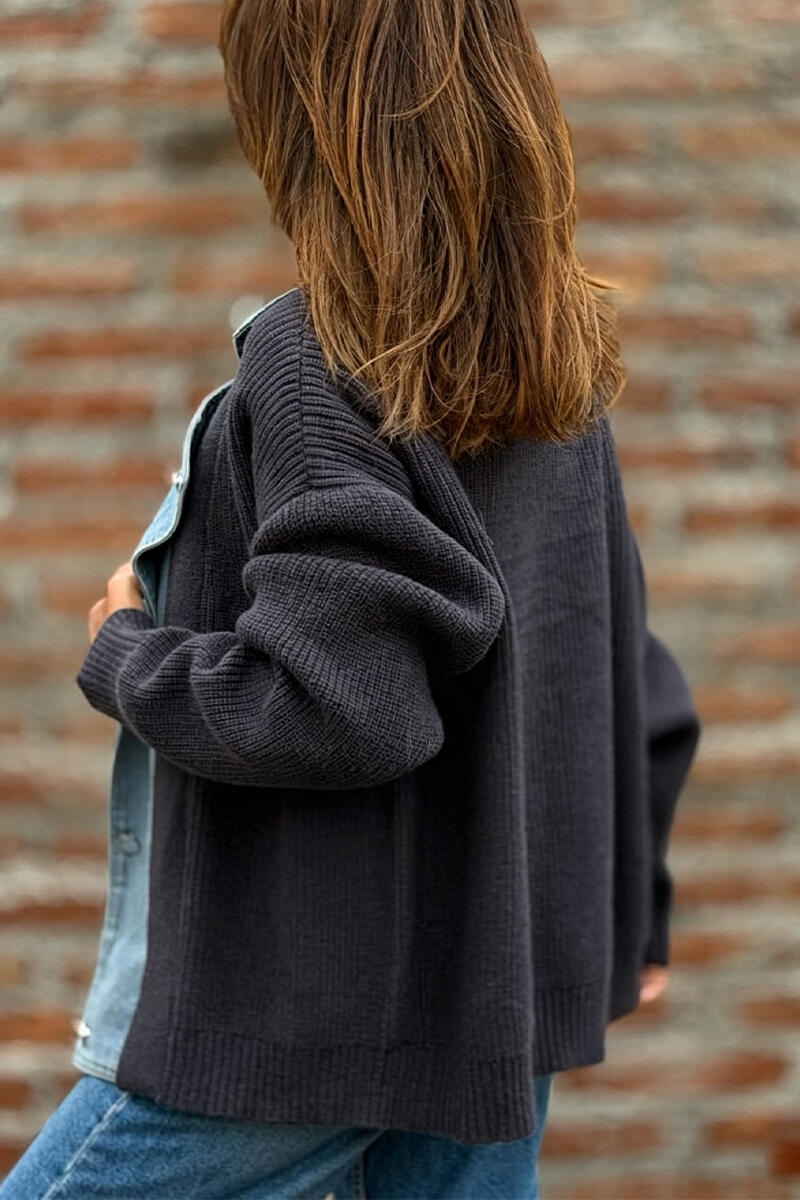 Women's Collar Denim Patchwork Knit Casual Jacket