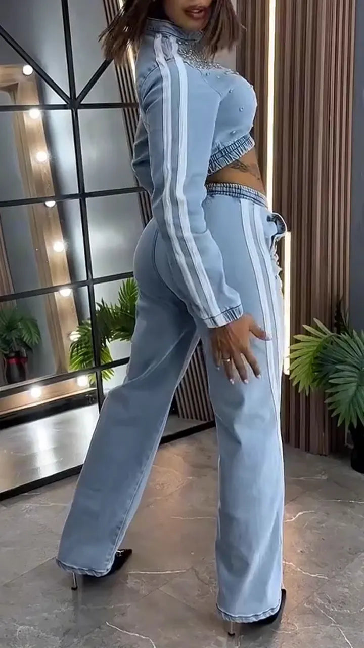 Women Round Neck Nail Drill Jacket+ Pants Casual Denim Suit