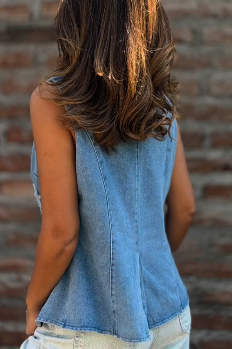 Women's V-neck Spliced Flower Pattern Casual Denim Vest