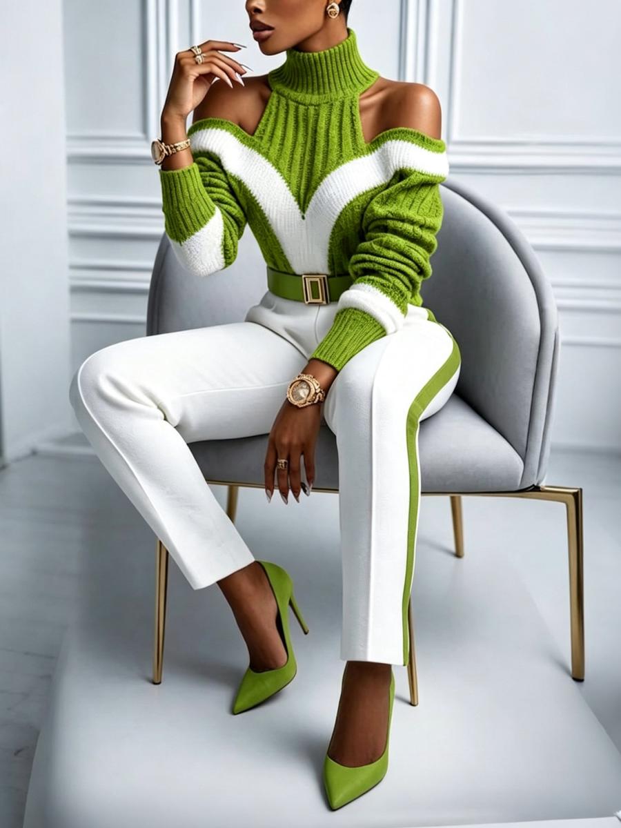 Women Color Block Chevron Turtleneck Cutout Shoulder Sweater