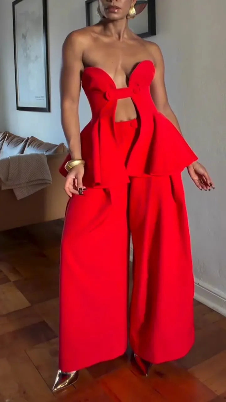 Women Strapless Hollow Top + Wide Leg Pants Solid Color Sexy Casual Suit