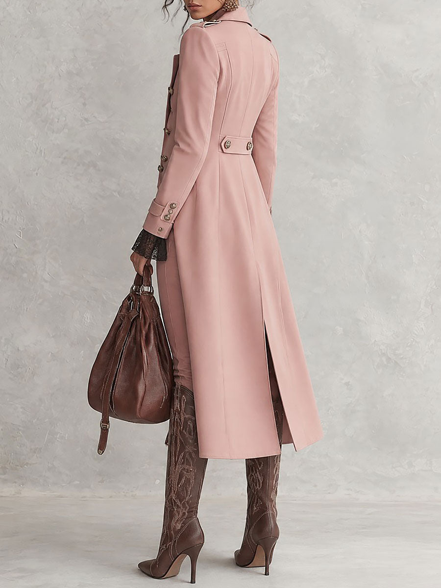 Military Style Dusty Pink Double-Breasted Longline Coat with Gold Buttons