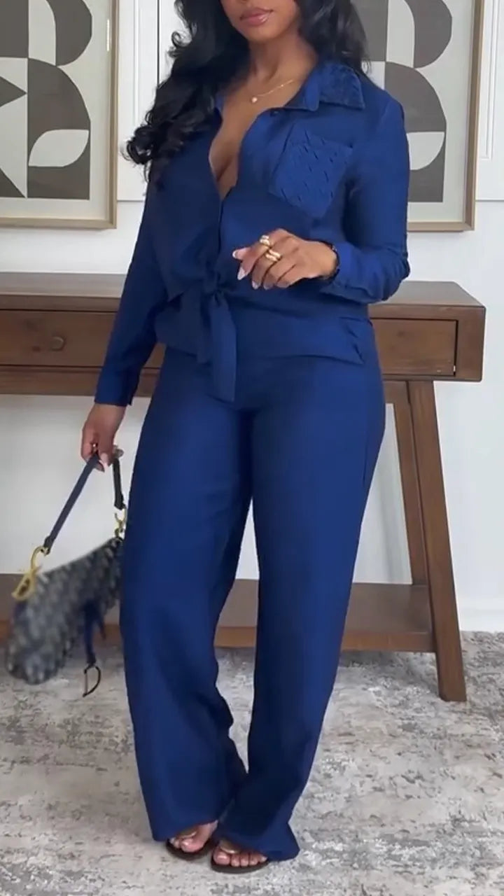 Women Collar Shirt+ Pants Casual Suit