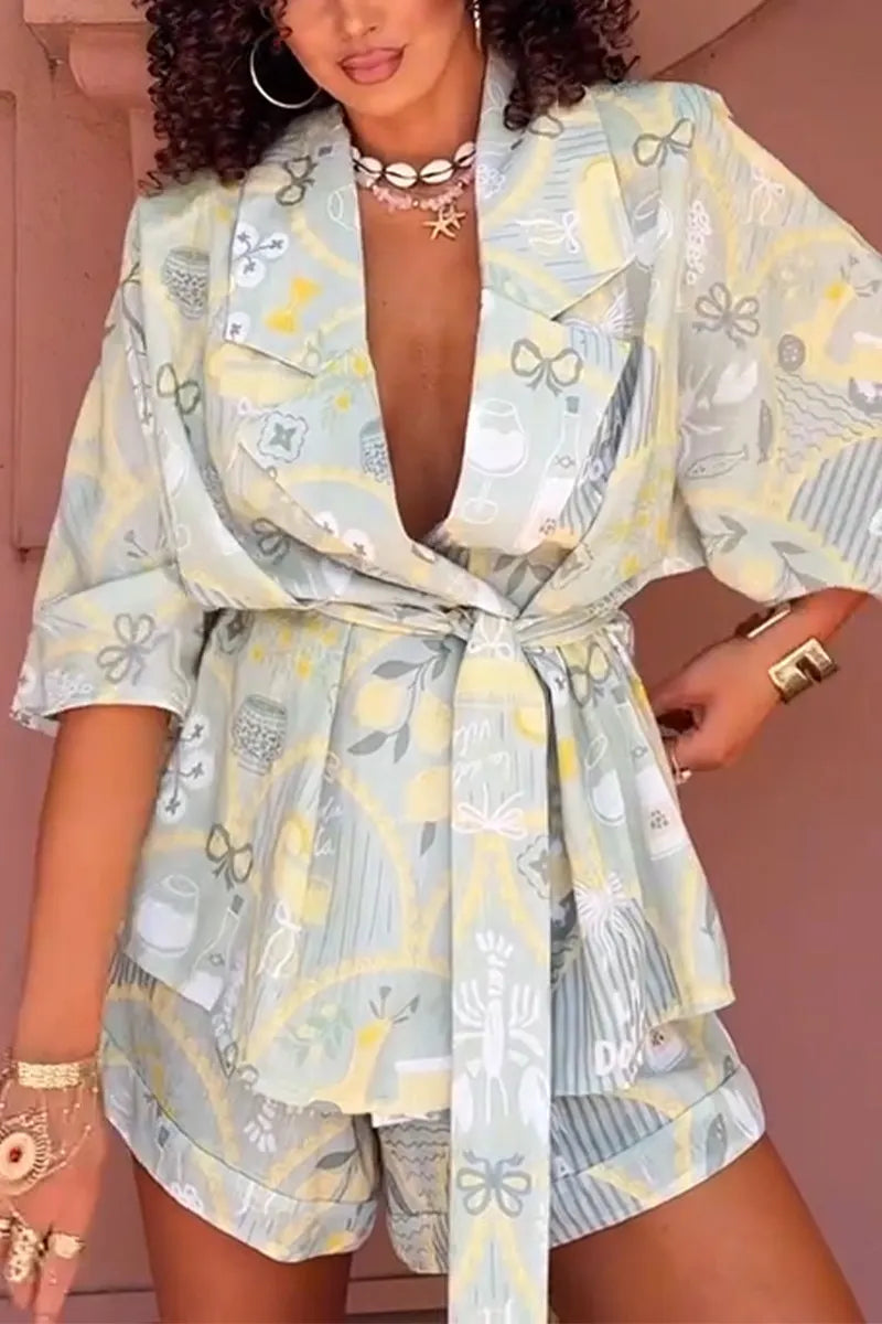 Women Collar Printed Shirt + Shorts Vacation Casual Style Set