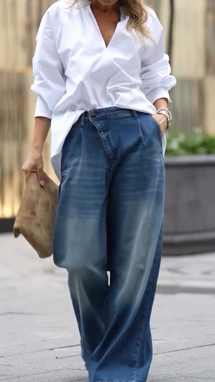 Women V-neck Shirt + Washed Jeans Casual Set