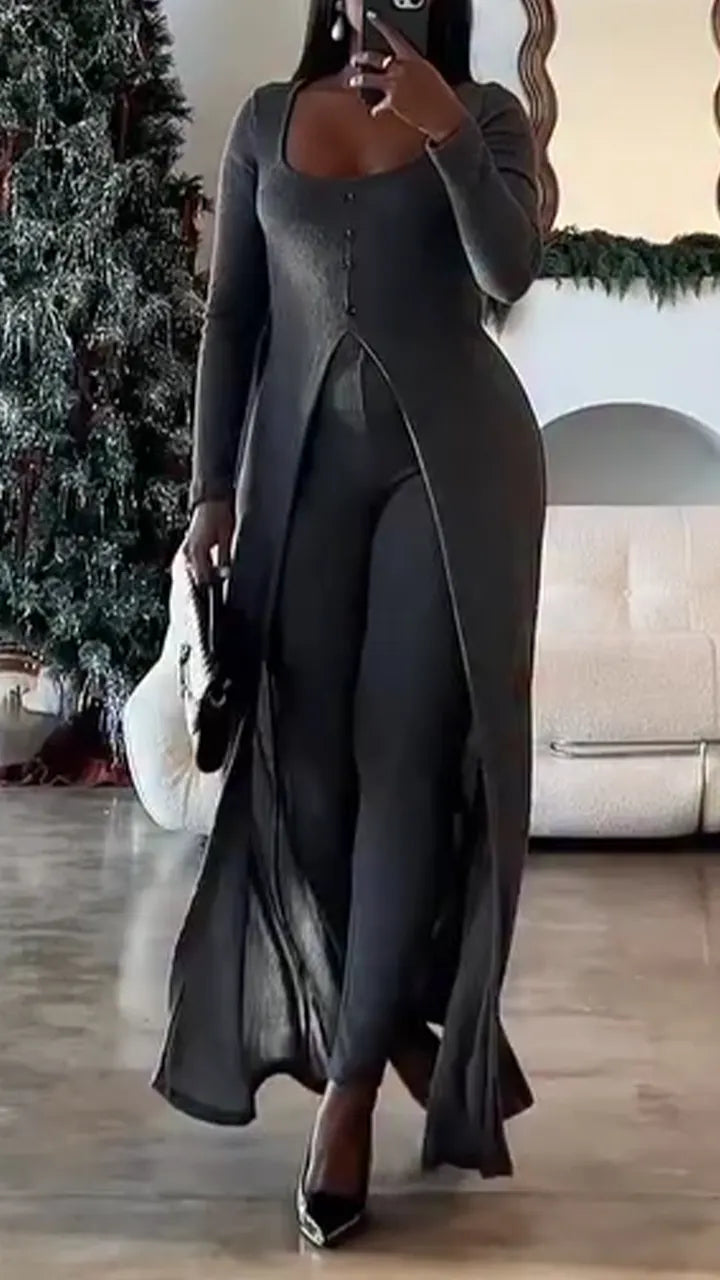Women U-neck Long Top + Slim-fit Trousers Casual Suit