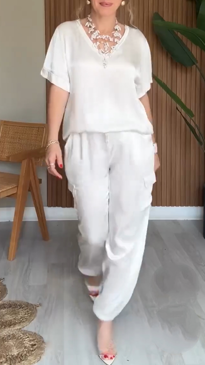 Ladies V-neck Solid Color Casual Suit
