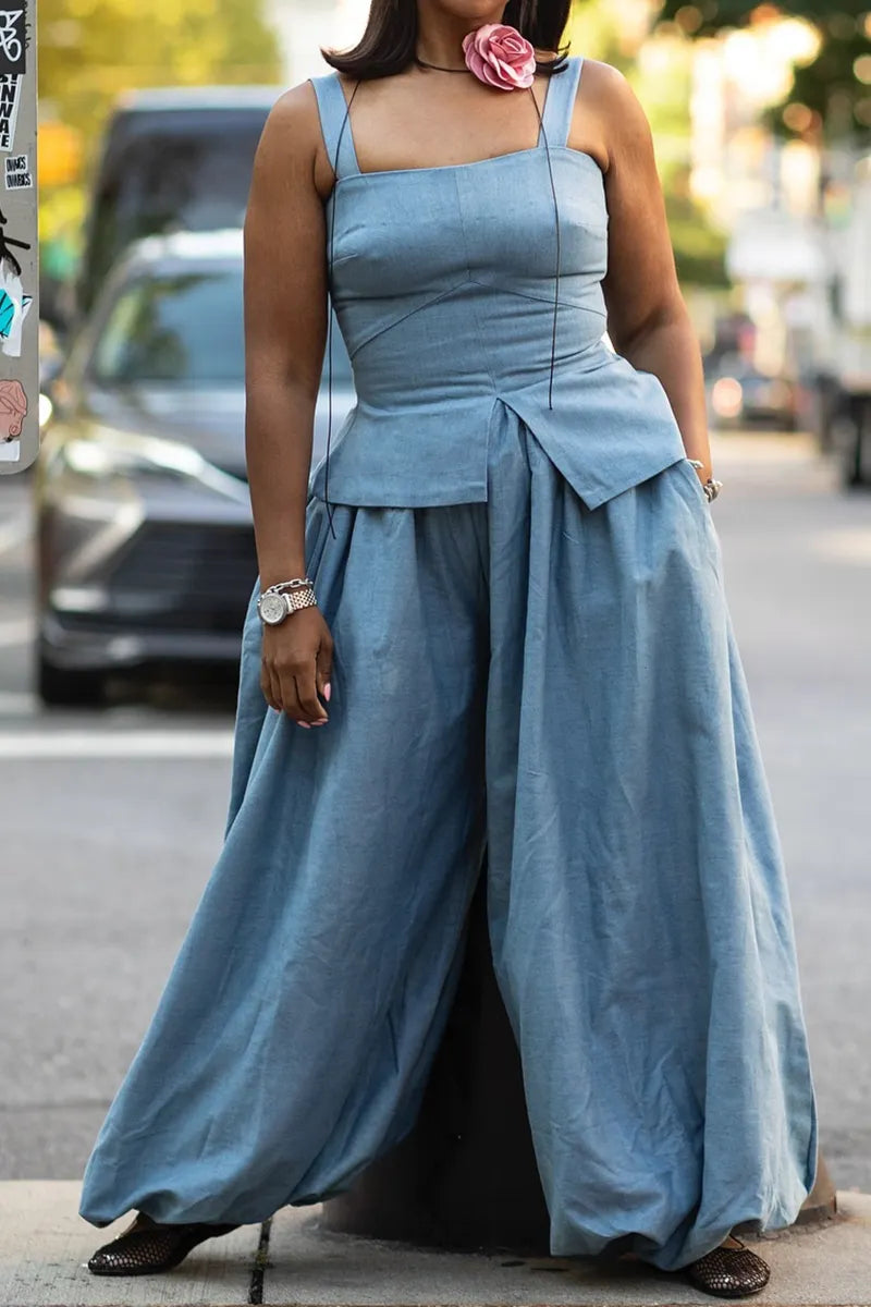Ladies' Fashionable Casual Denim Vest Top And Denim Wide Leg Pants