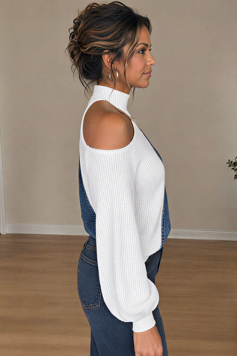 Women's Chic Asymmetric Cold Shoulder Color Block Waffle Knit White Sweater