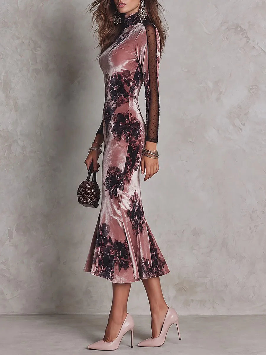 Elegant Dusty Pink Floral Print Velvet Mock Neck Long Sleeve Mesh Panel Mermaid Midi Dress