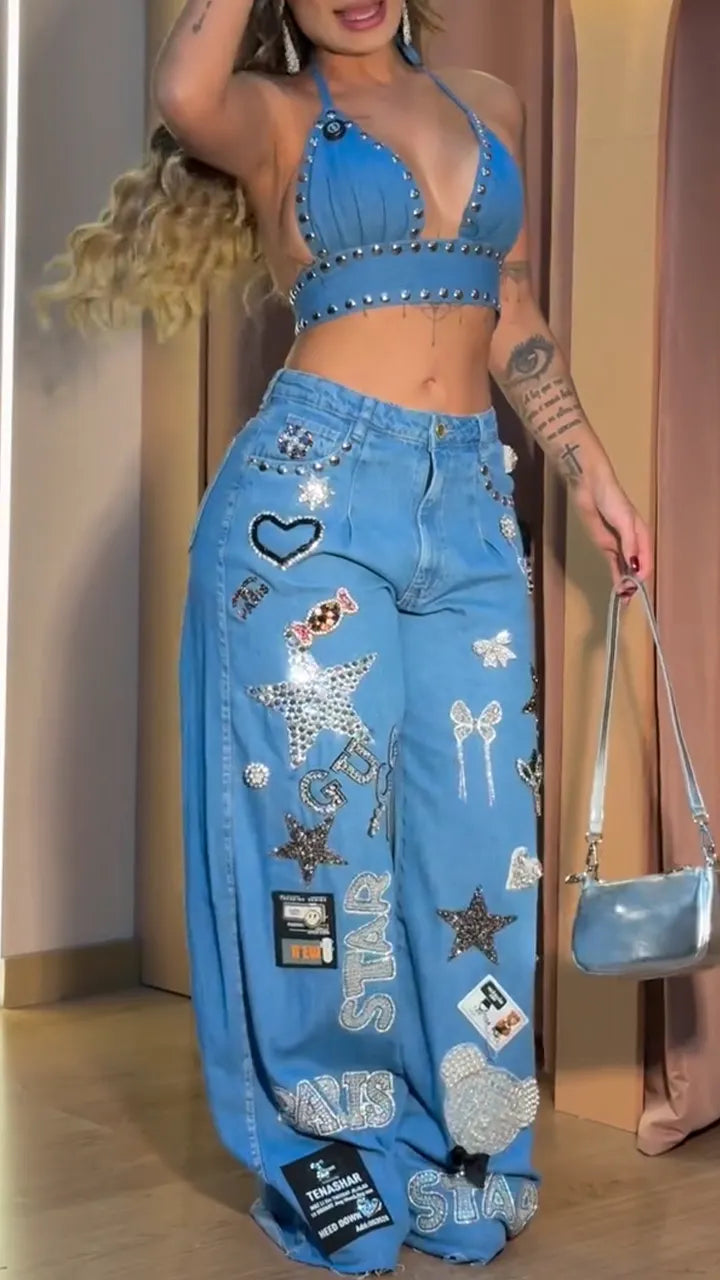 Women Neck Hanging Nail Bead Top+ Printed Spicy Girl Casual Denim Suit